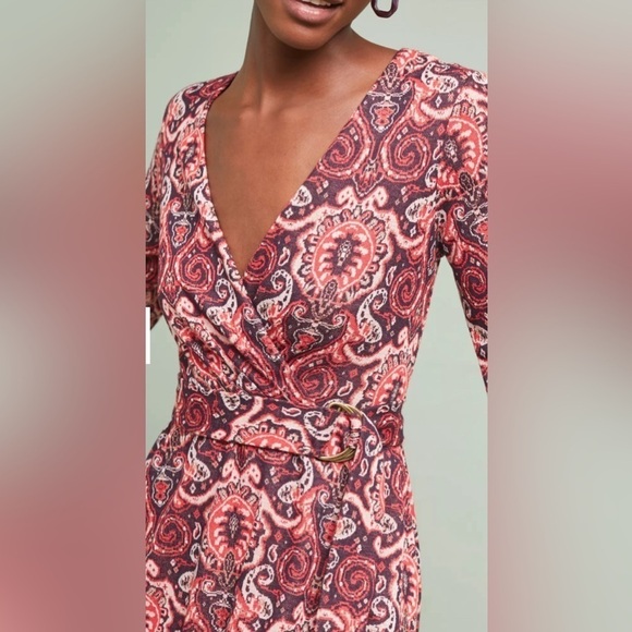 Anthropologie Maeve Pink Floral long sleeve Belted stretch knit dress size L - Picture 5 of 16